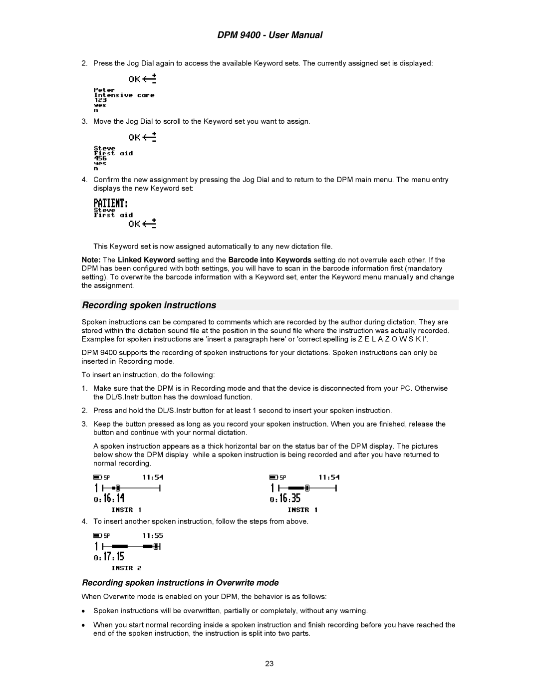 Philips DPM 9400 user manual Recording spoken instructions in Overwrite mode 