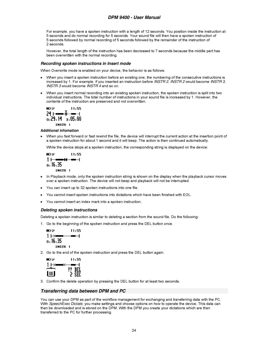 Philips DPM 9400 user manual Transferring data between DPM and PC, Recording spoken instructions in Insert mode 