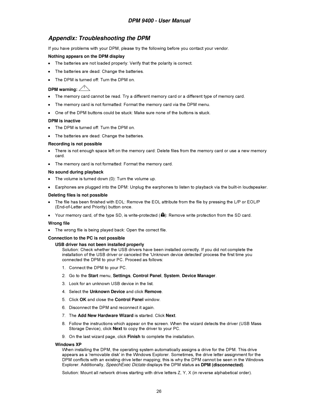 Philips DPM 9400 user manual Appendix Troubleshooting the DPM 