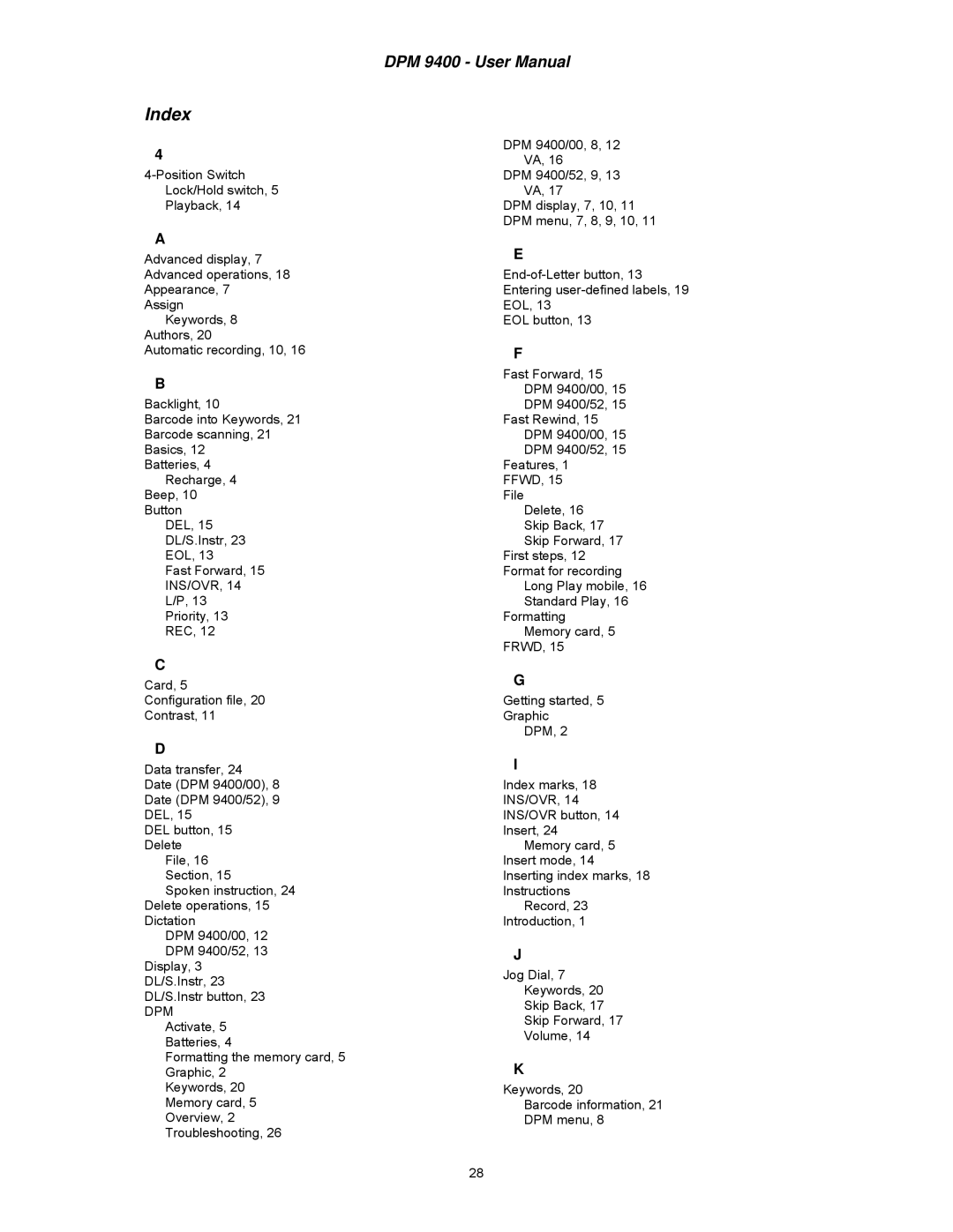 Philips DPM 9400 user manual Index, Ins/Ovr 