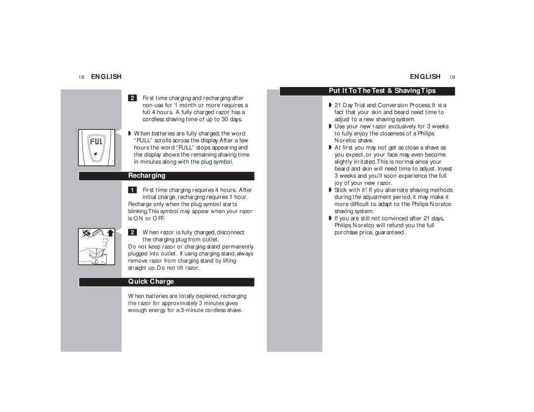 Philips DR-6050, DR-6000 manual Recharging, Quick Charge, Put It To The Test & Shaving Tips 