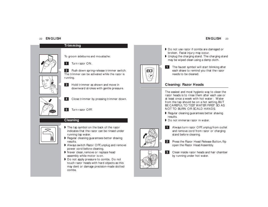 Philips DR-6050, DR-6000 manual Trimming, Cleaning Razor Heads 
