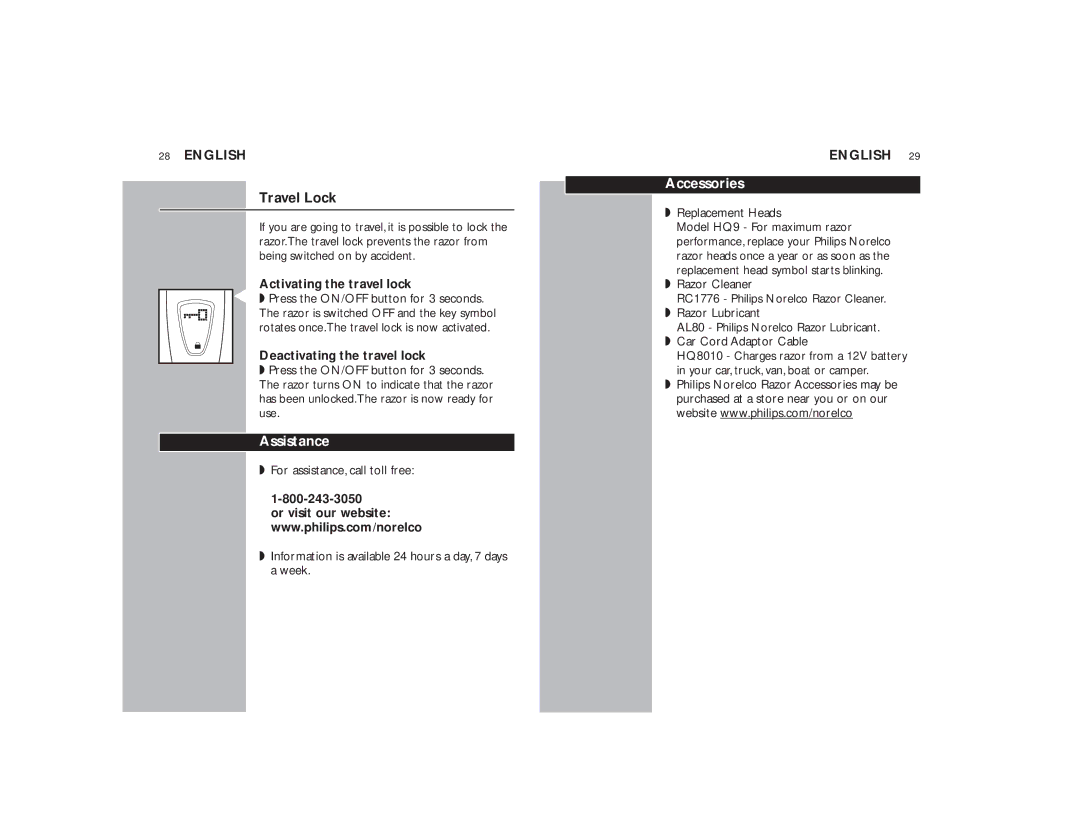 Philips DR-6000, DR-6050 manual Travel Lock, Assistance, Accessories, Replacement Heads 