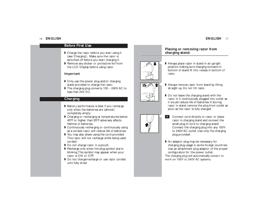 Philips DR-6000, DR-6050 manual Before First Use, Charging, Placing or removing razor from charging stand 