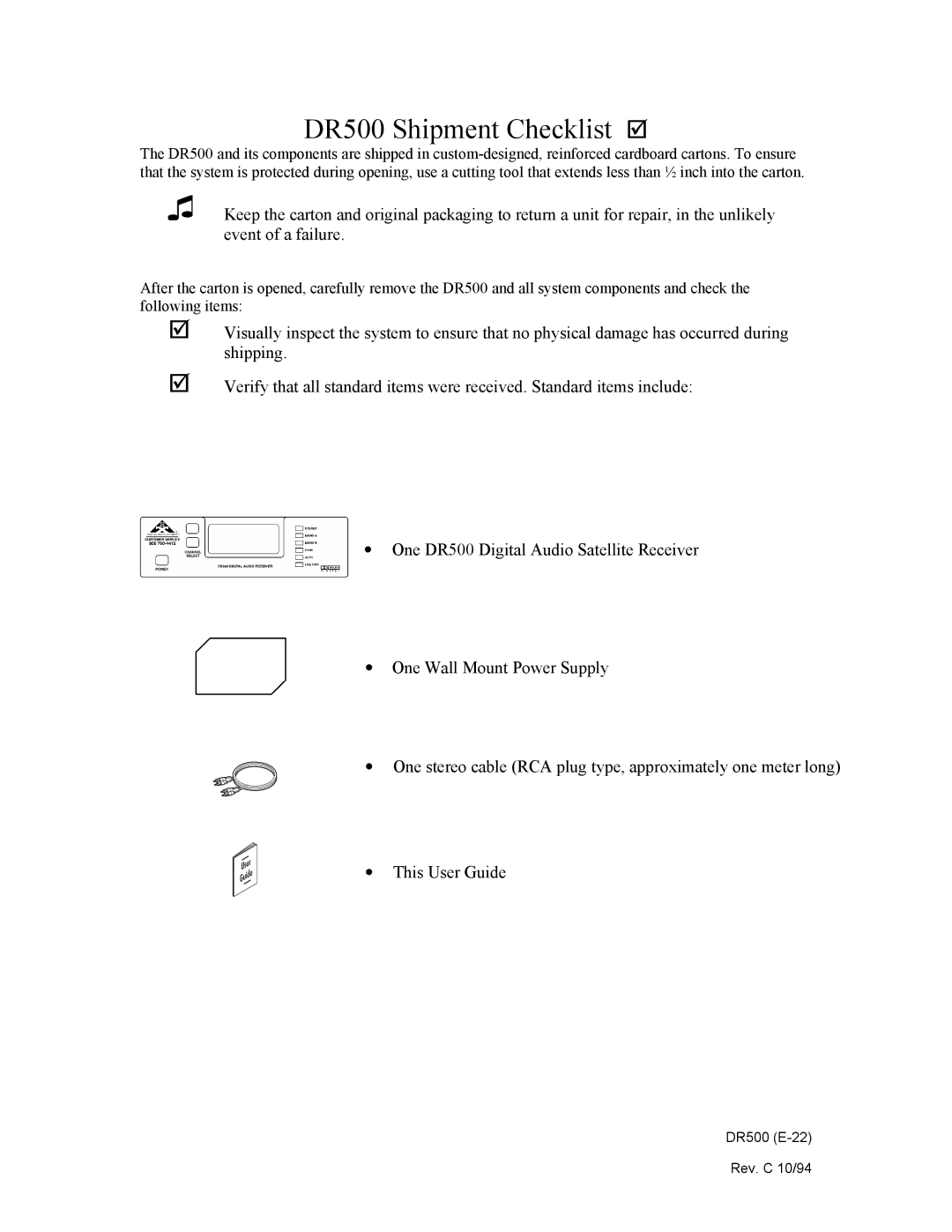 Philips manual DR500 Shipment Checklist 