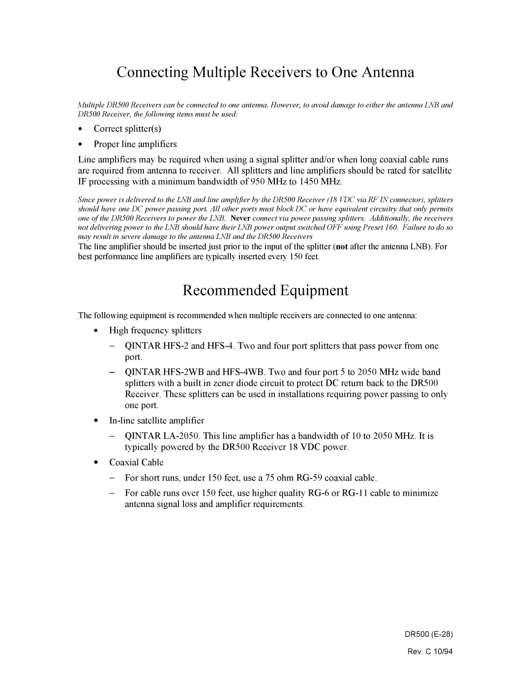 Philips DR500 manual Connecting Multiple Receivers to One Antenna, Recommended Equipment 