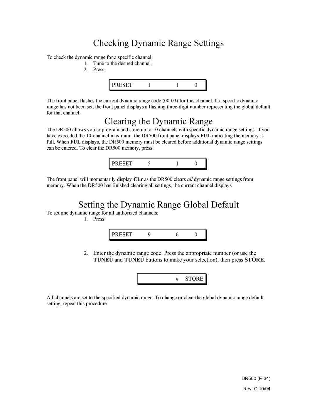 Philips DR500 manual Checking Dynamic Range Settings, Clearing the Dynamic Range, Setting the Dynamic Range Global Default 