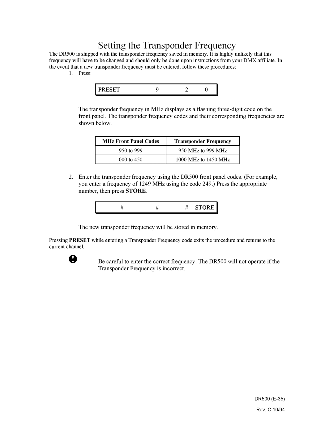 Philips DR500 manual Setting the Transponder Frequency 