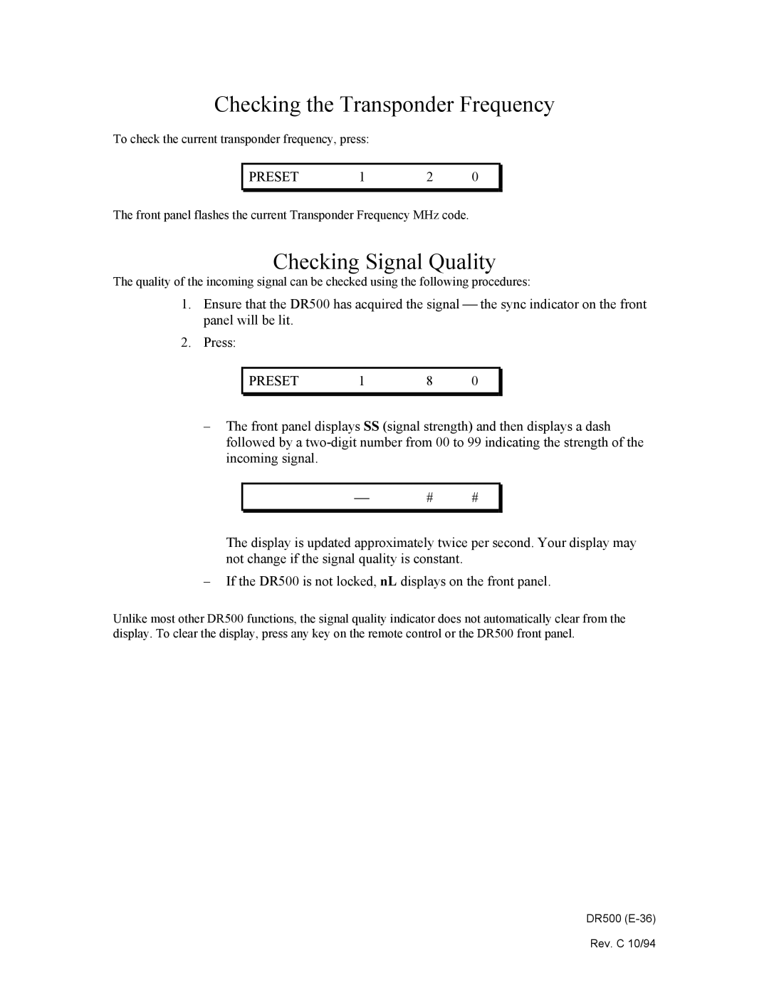 Philips DR500 manual Checking the Transponder Frequency, Checking Signal Quality 