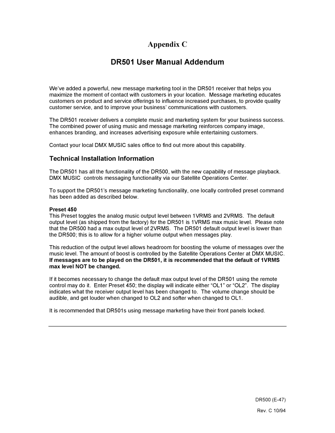 Philips DR500 manual Appendix C, Technical Installation Information 