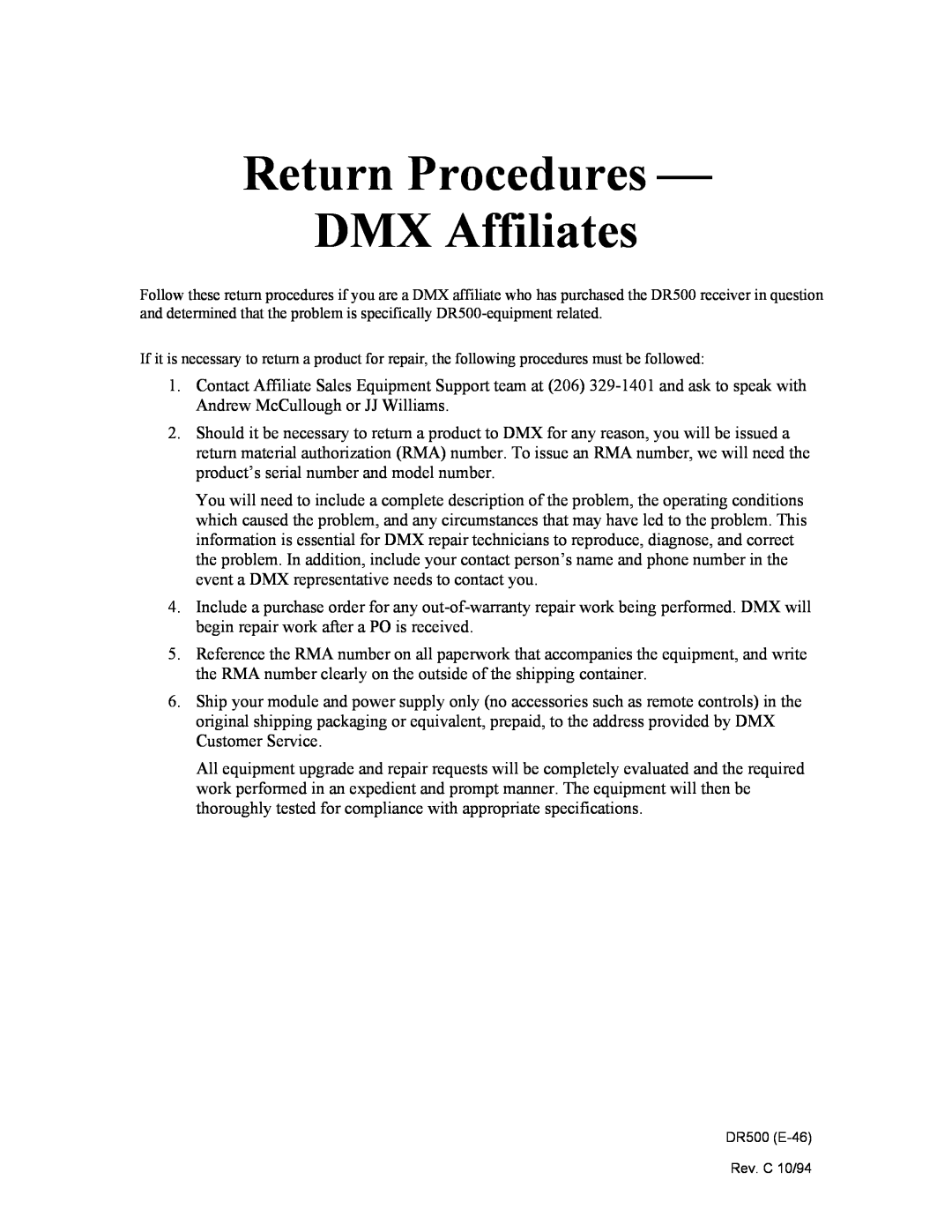 Philips manual Return Procedures  DMX Affiliates, DR500 E-46 Rev. C 10/94 