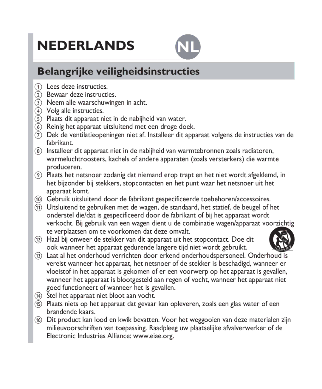 Philips DS 3000 Nederlands NL, Belangrijke veiligheidsinstructies, Te verplaatsen om te voorkomen dat deze omvalt 