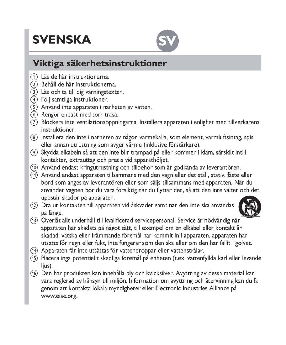 Philips DS 3000 quick start Svenska SV, Viktiga säkerhetsinstruktioner, Ljus 