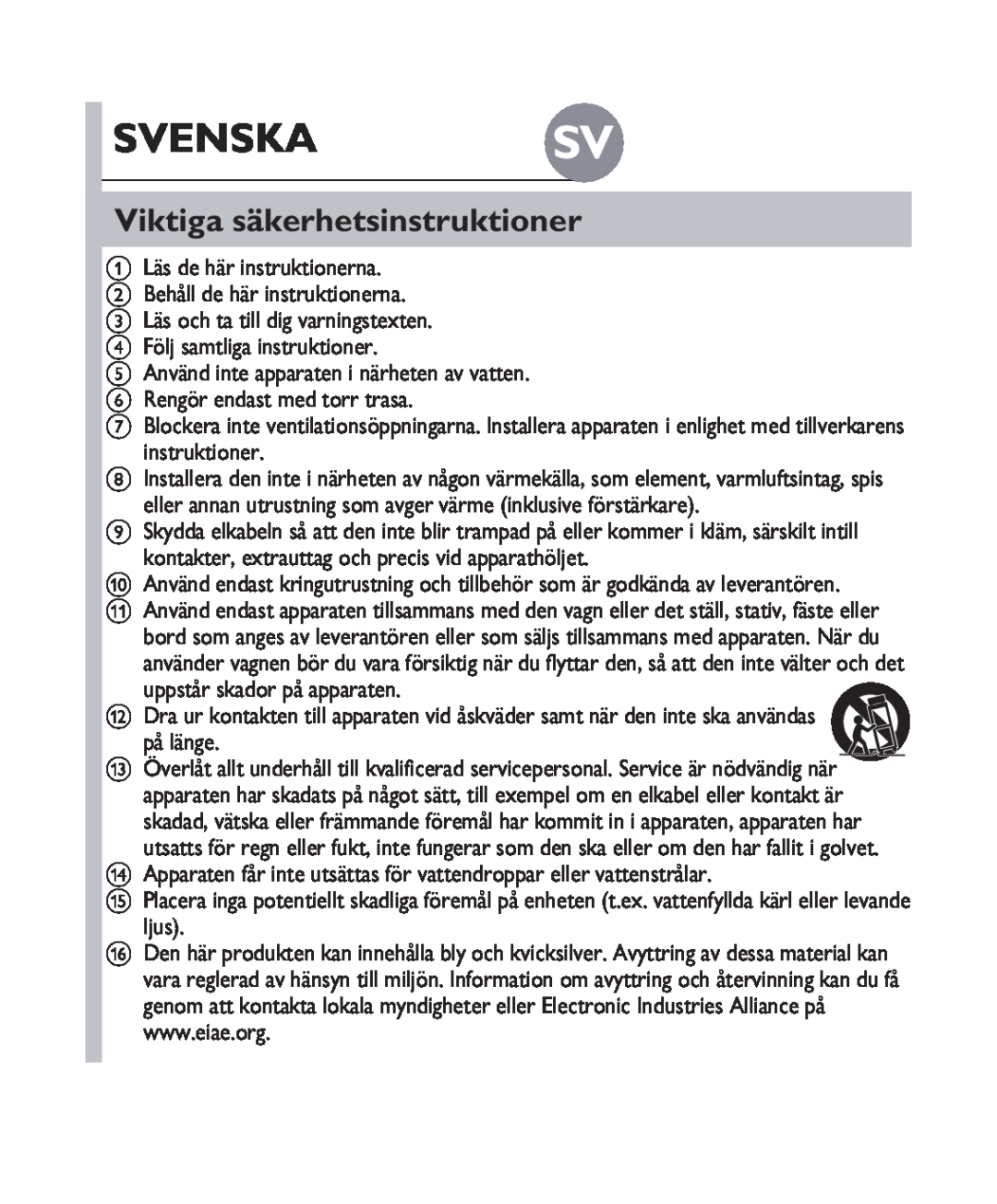 Philips DS1100 quick start Svenska Sv, Viktiga säkerhetsinstruktioner 