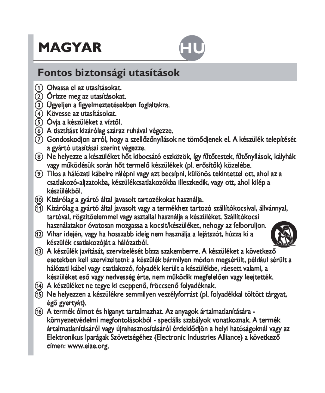 Philips DS1100 quick start Magyar Hu, Fontos biztonsági utasítások 