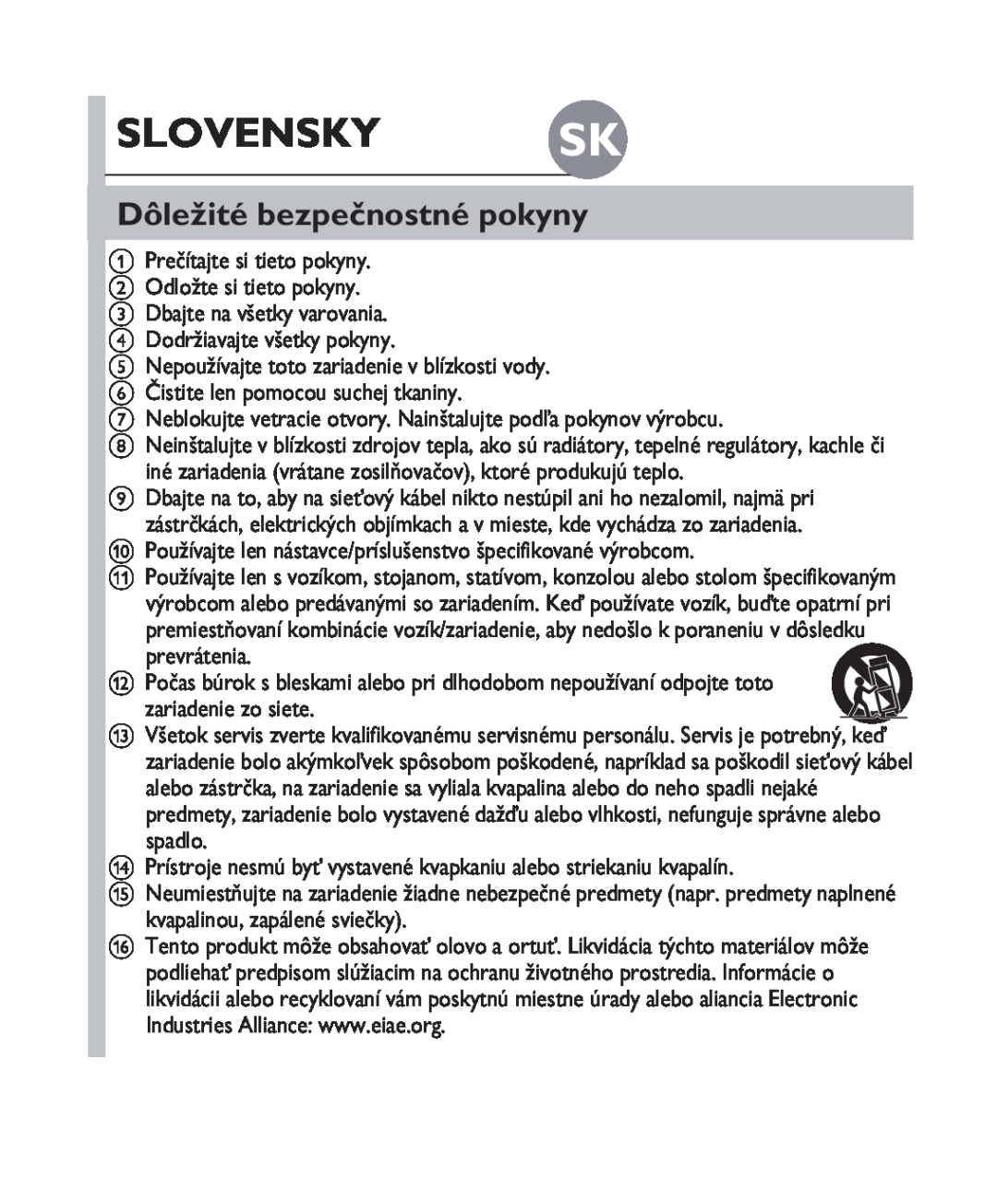 Philips DS1100 quick start Slovensky Sk, Dôležité bezpečnostné pokyny 