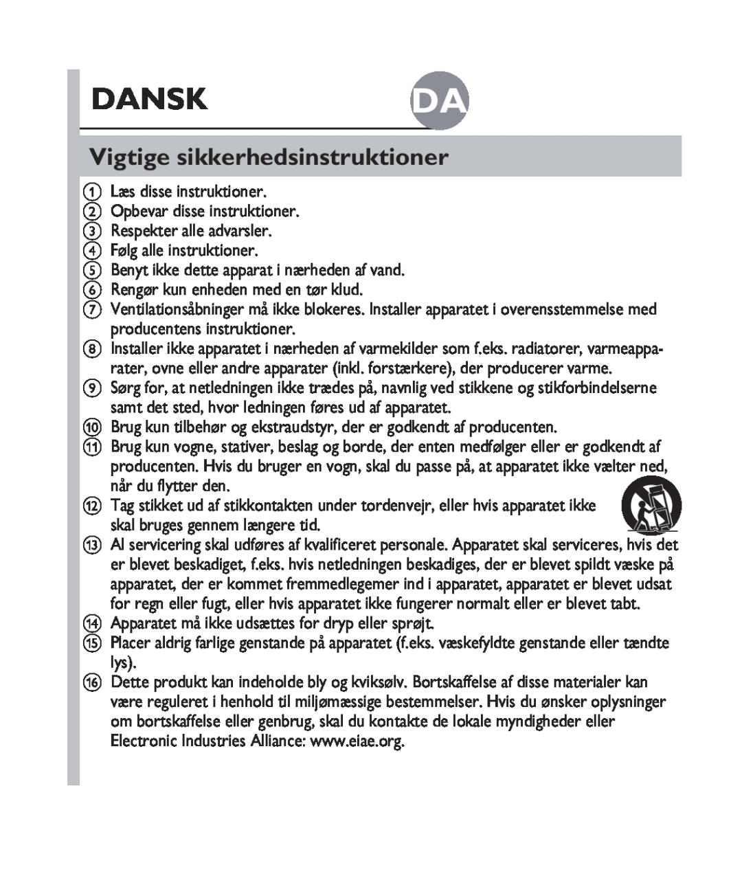 Philips DS1100 quick start Dansk Da, Vigtige sikkerhedsinstruktioner 