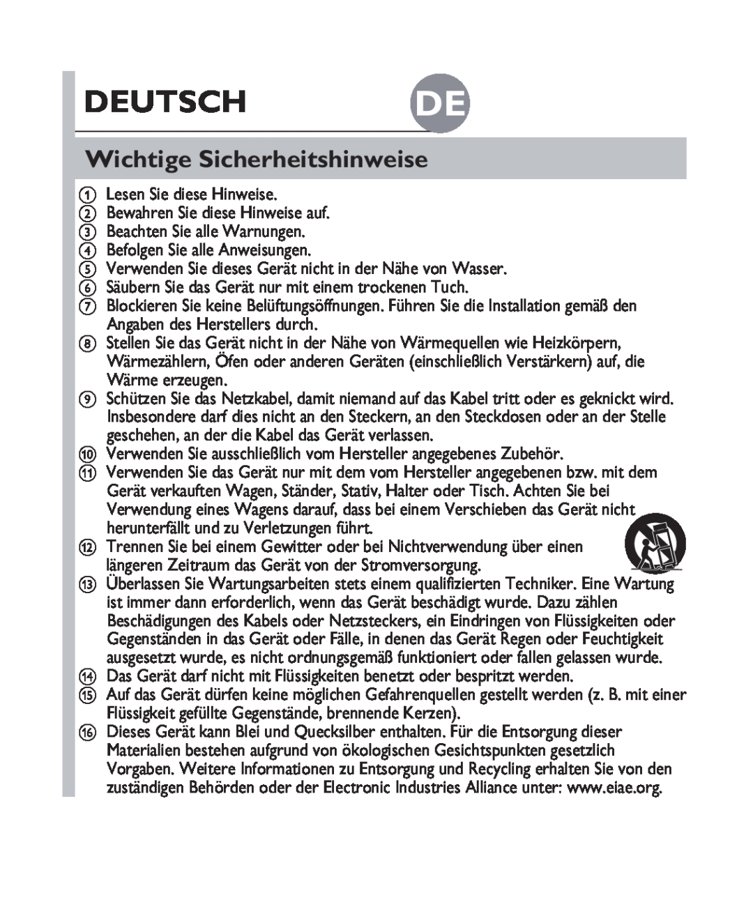 Philips DS1100 quick start Deutsch De, Wichtige Sicherheitshinweise 