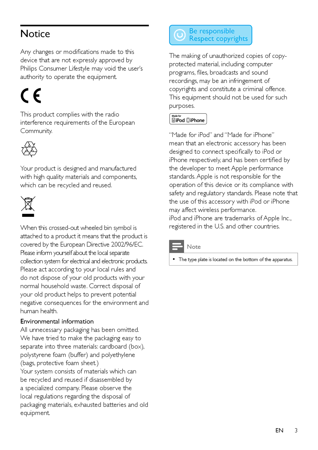 Philips DS1150/12 user manual Environmental information 