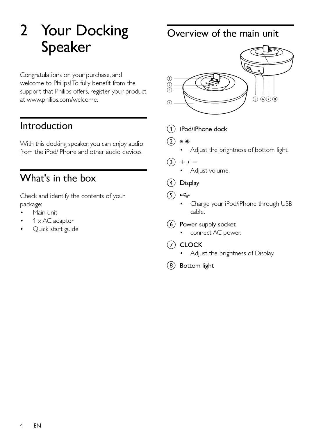 Philips DS1150/12 user manual Overview of the main unit, Introduction, Whats in the box 