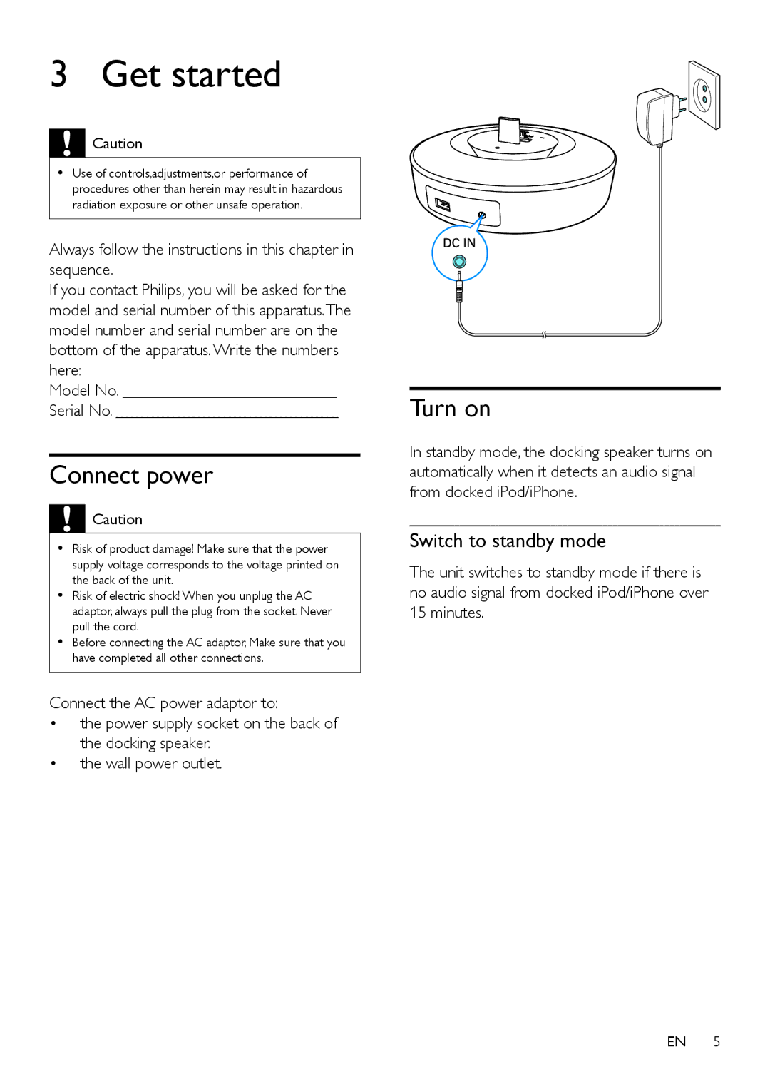 Philips DS1150/12 user manual Get started, Connect power, Turn on, Switch to standby mode 