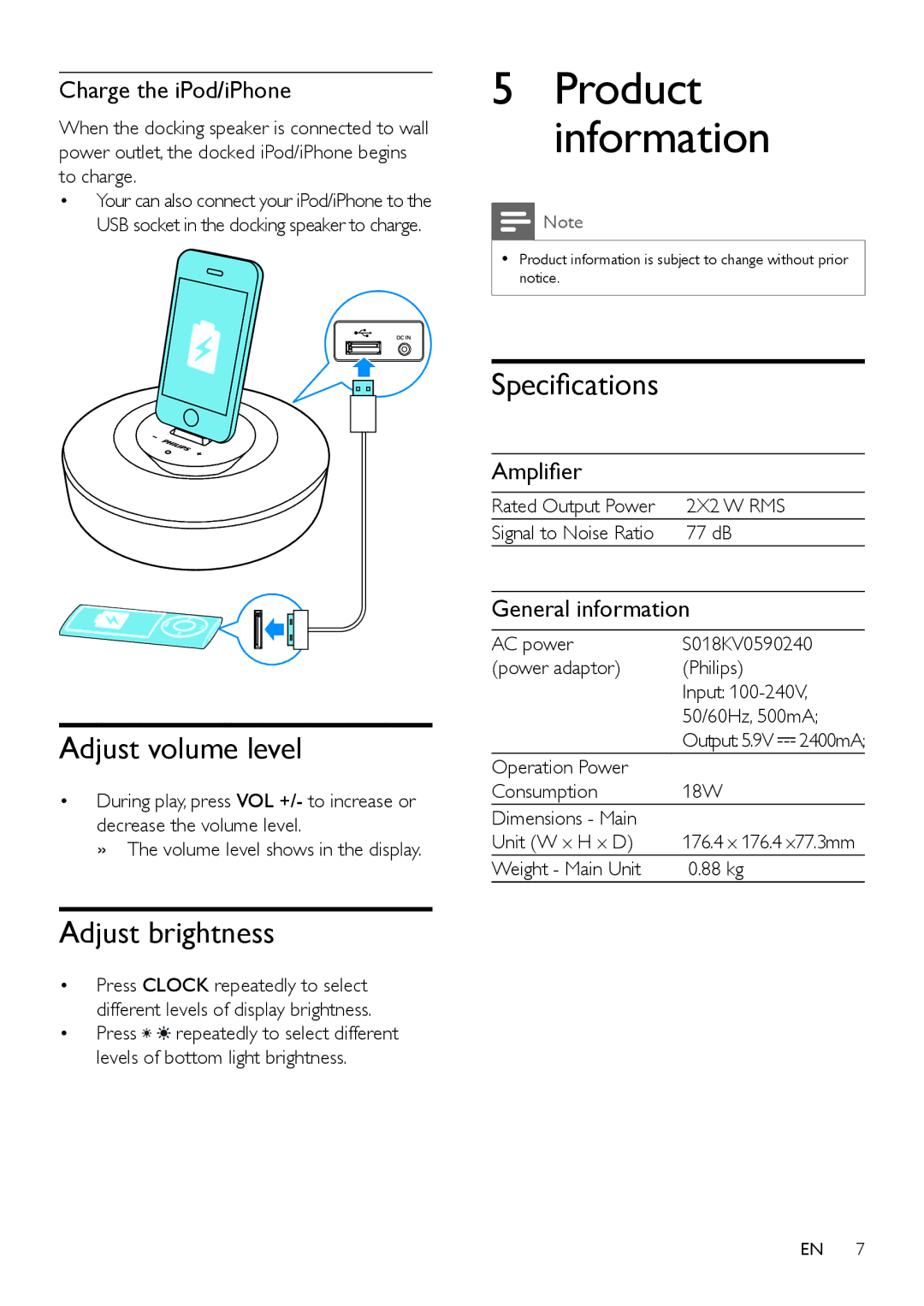 Philips DS1150/12 user manual Product information, Adjust volume level, Adjust brightness, Specifications 