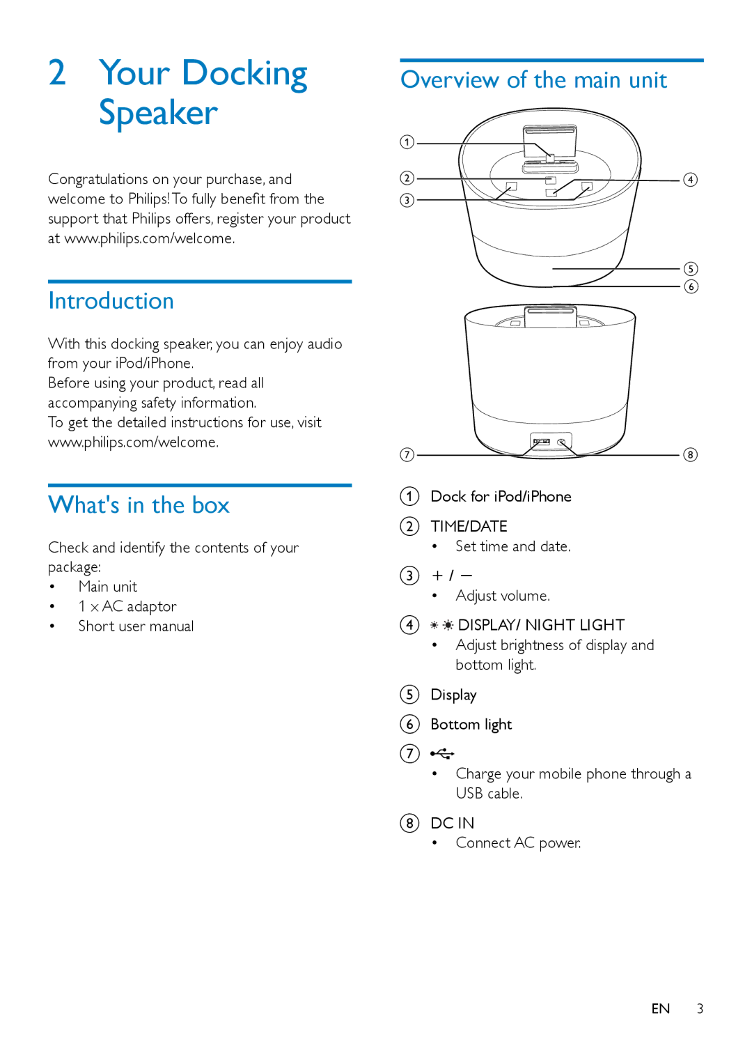 Philips DS1400 user manual Introduction, Whats in the box, Overview of the main unit 