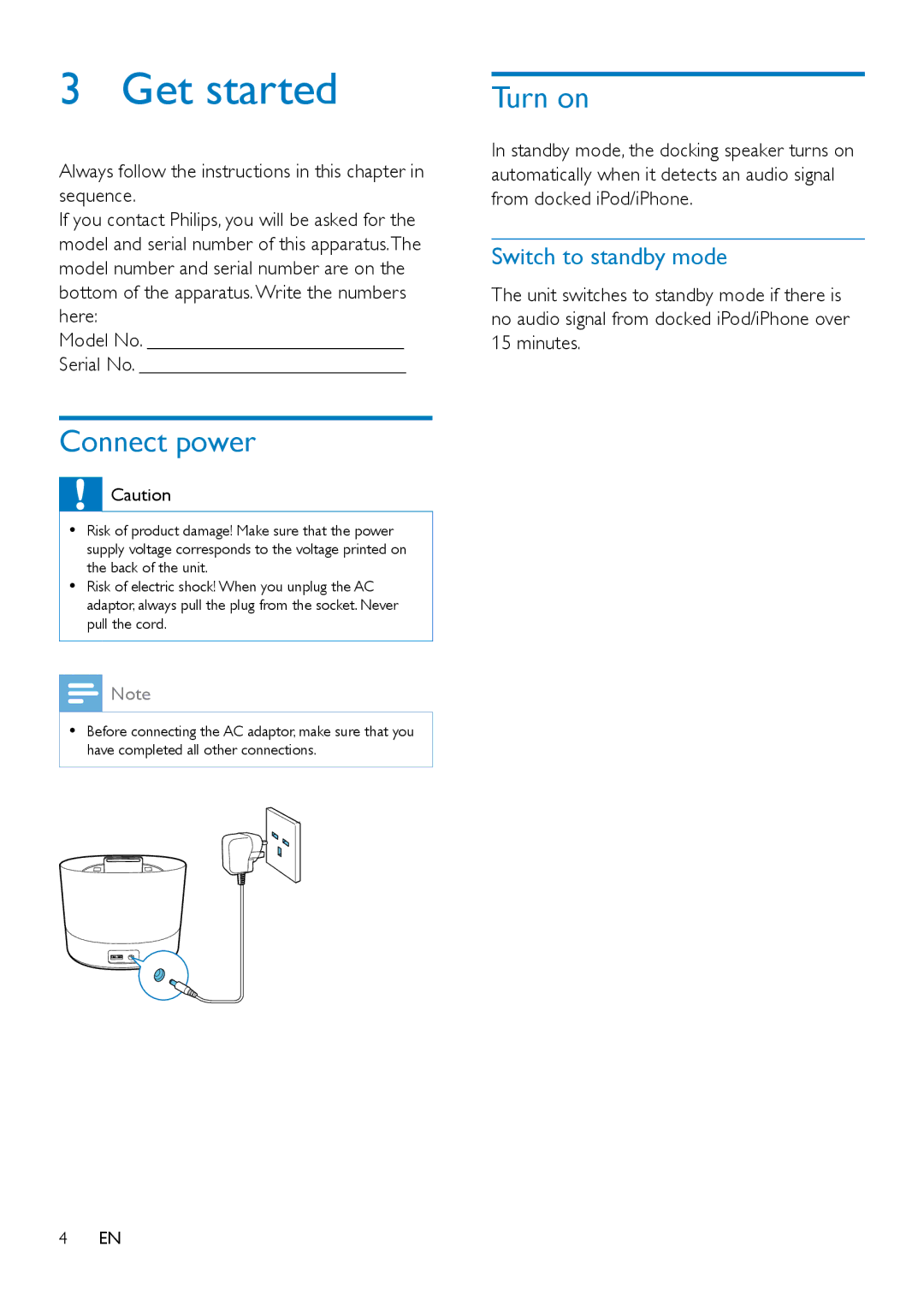 Philips DS1400 user manual Get started, Connect power, Turn on, Switch to standby mode 