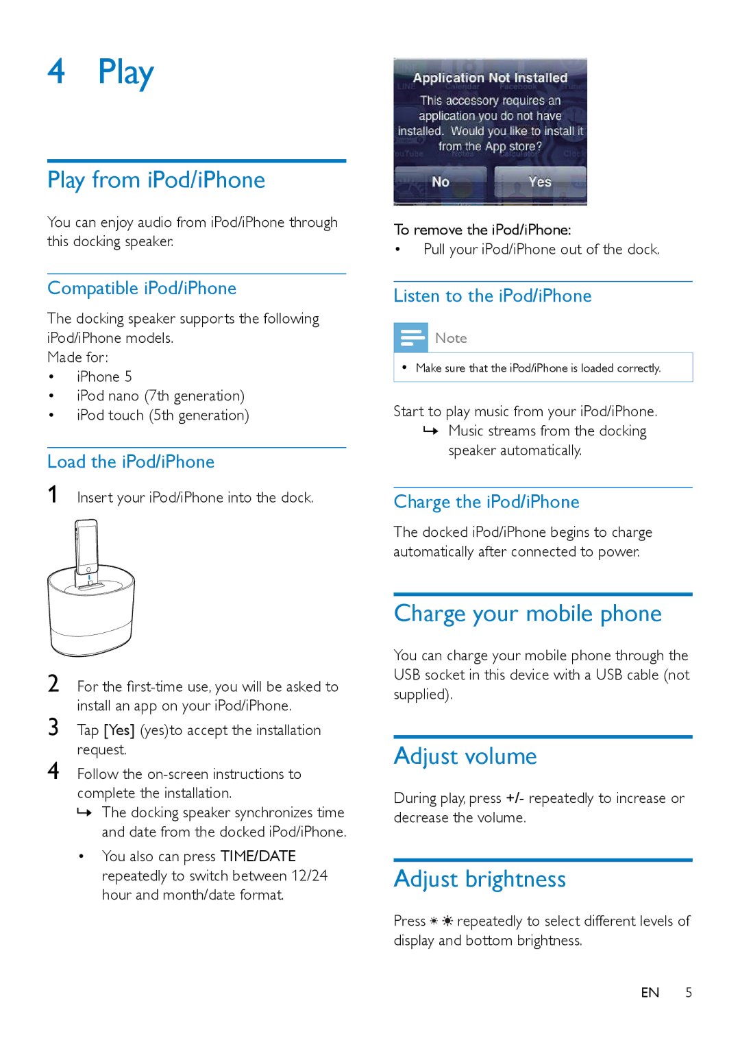 Philips DS1400 user manual Play from iPod/iPhone, Charge your mobile phone, Adjust volume, Adjust brightness 