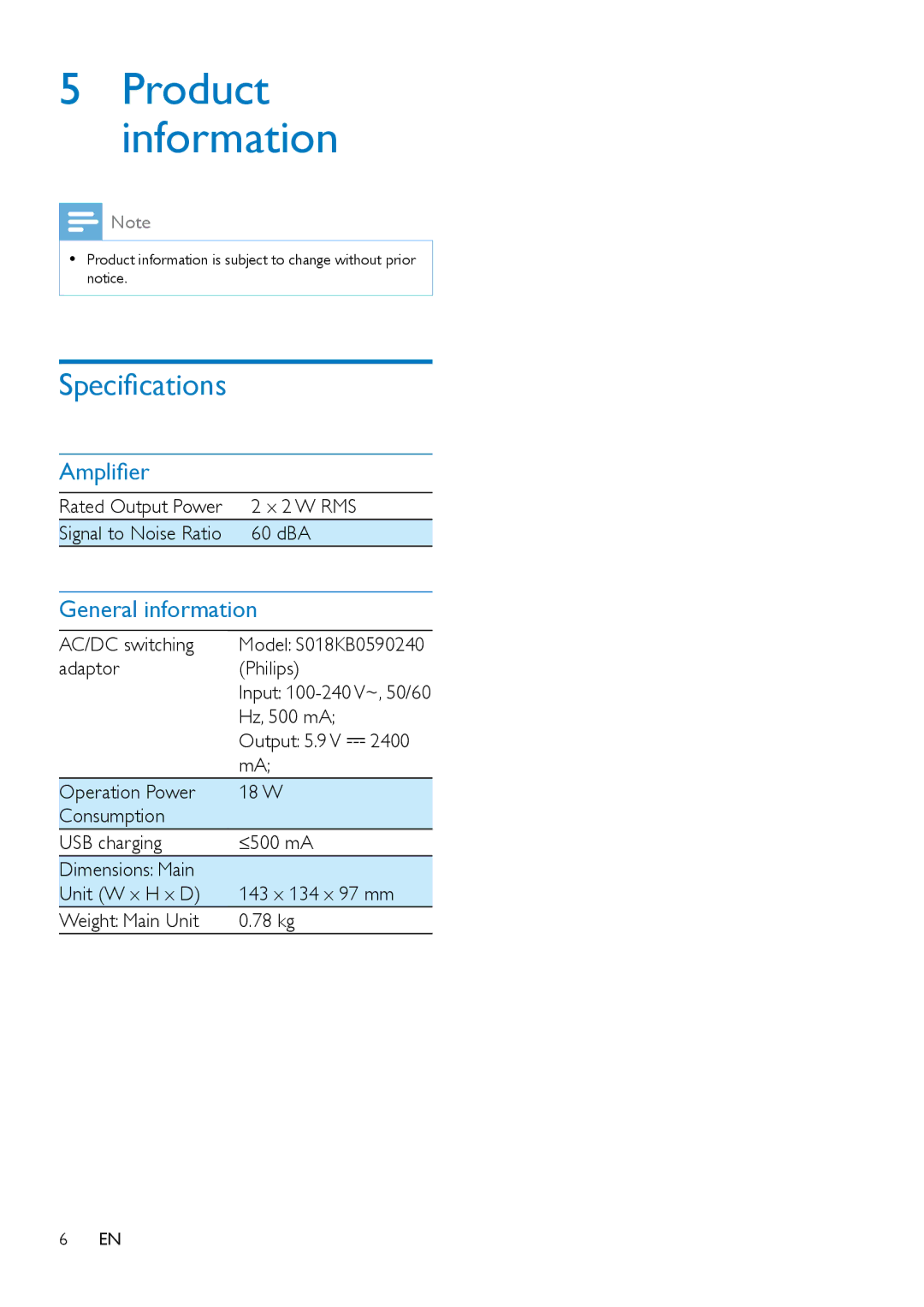 Philips DS1400 user manual Product information, Specifications, Amplifier, General information 