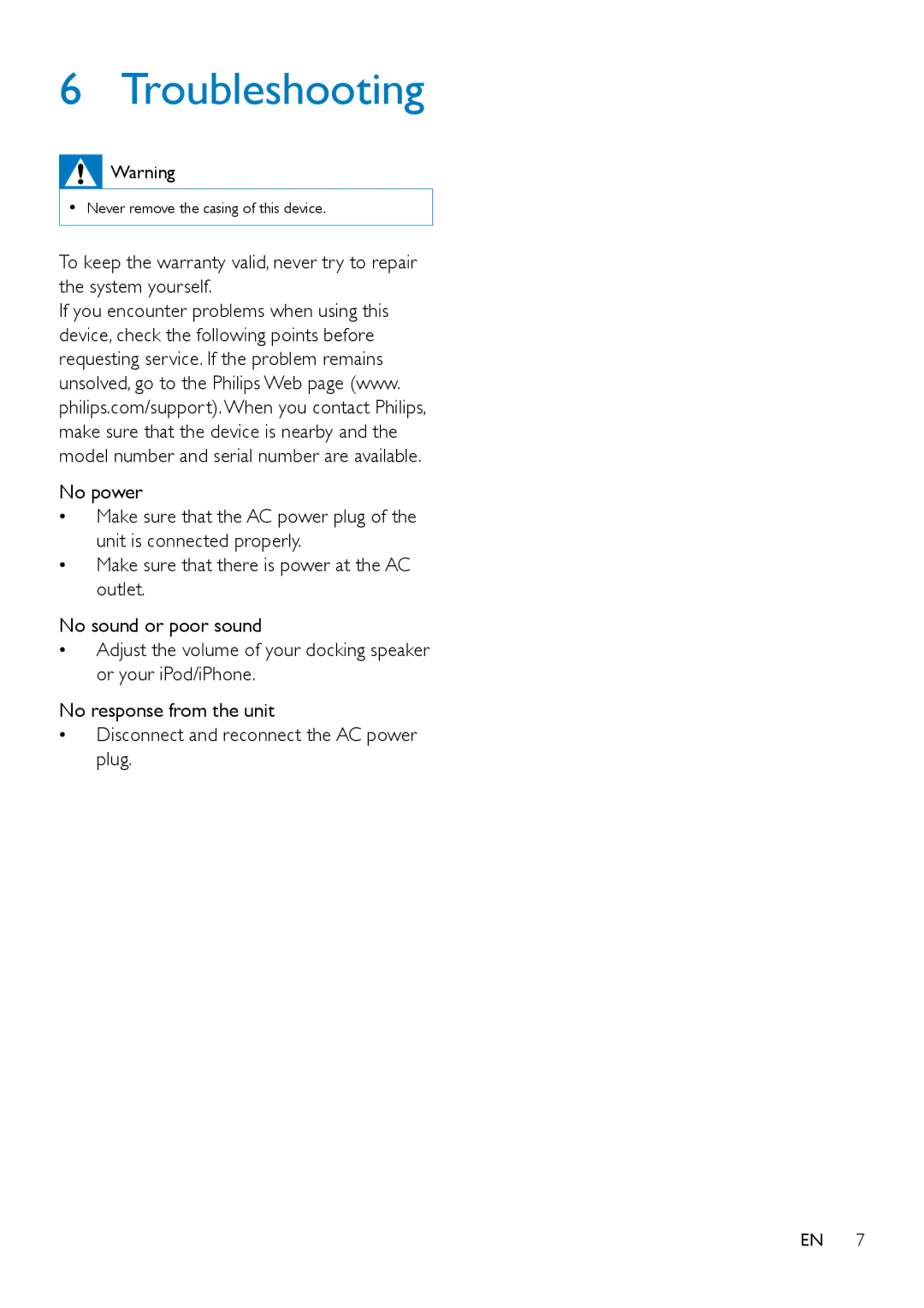 Philips DS1400 user manual Troubleshooting 