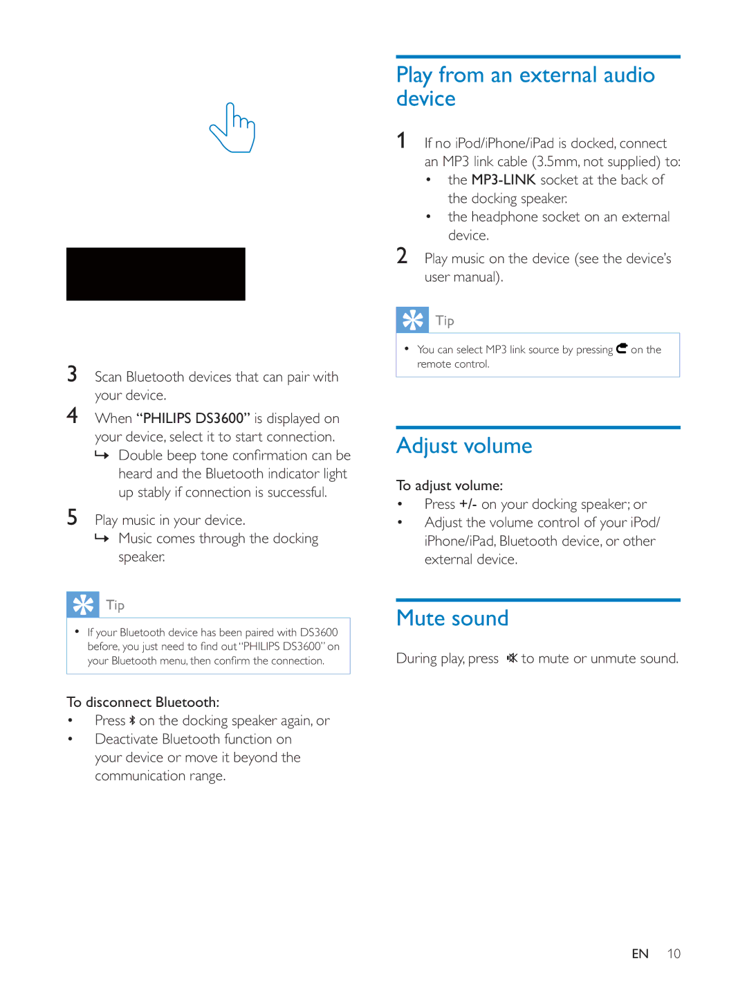 Philips DS3600 user manual Play from an external audio device, Adjust volume, Mute sound 