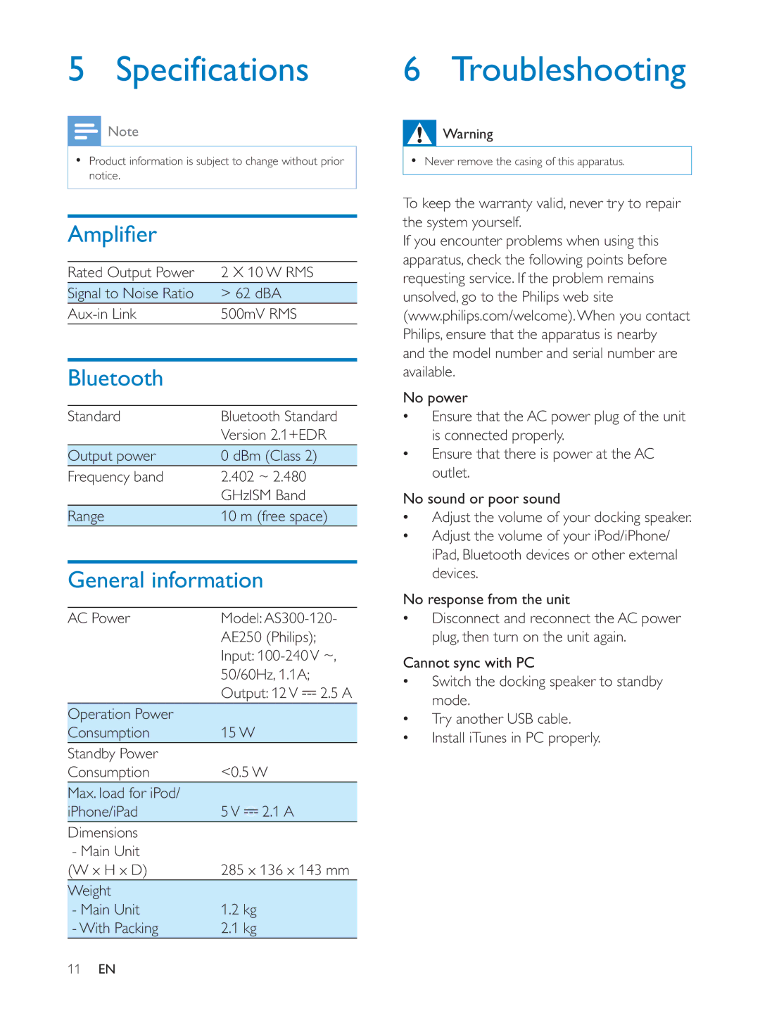 Philips DS3600 user manual Specifications, Troubleshooting, Bluetooth, General information 