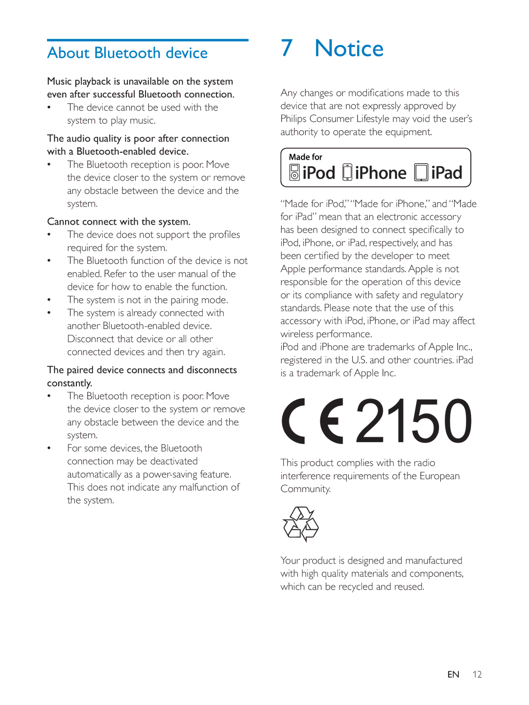 Philips DS3600 user manual About Bluetooth device, Device cannot be used with the system to play music 