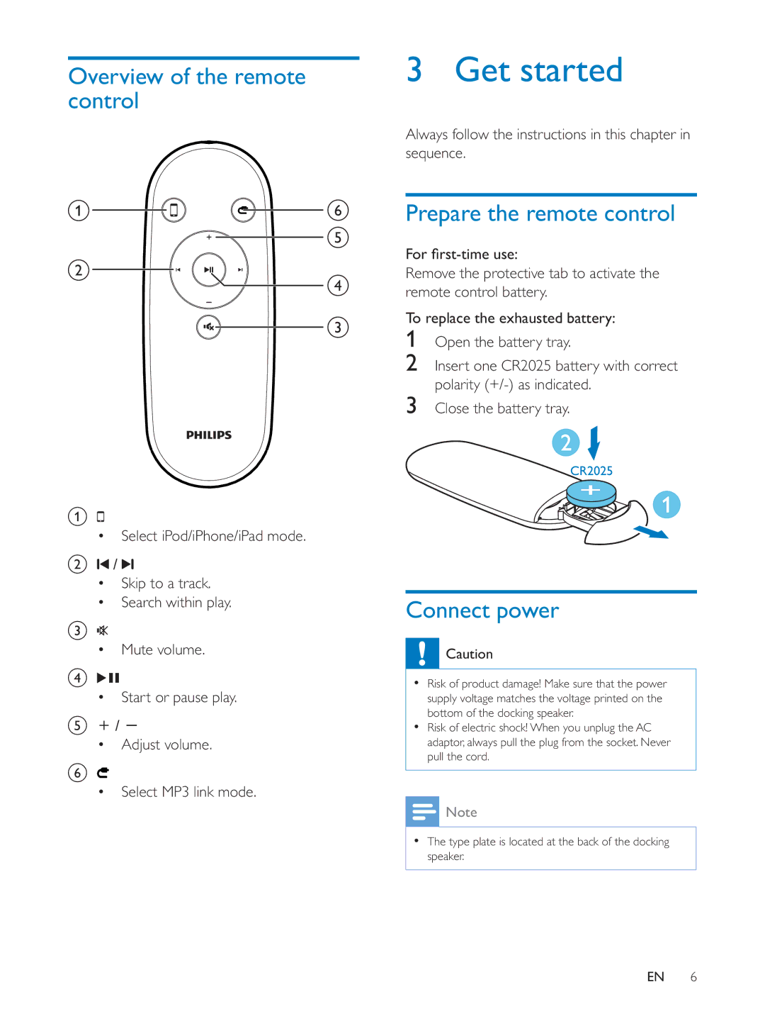 Philips DS3600 user manual Get started, Overview of the remote control, Prepare the remote control, Connect power 