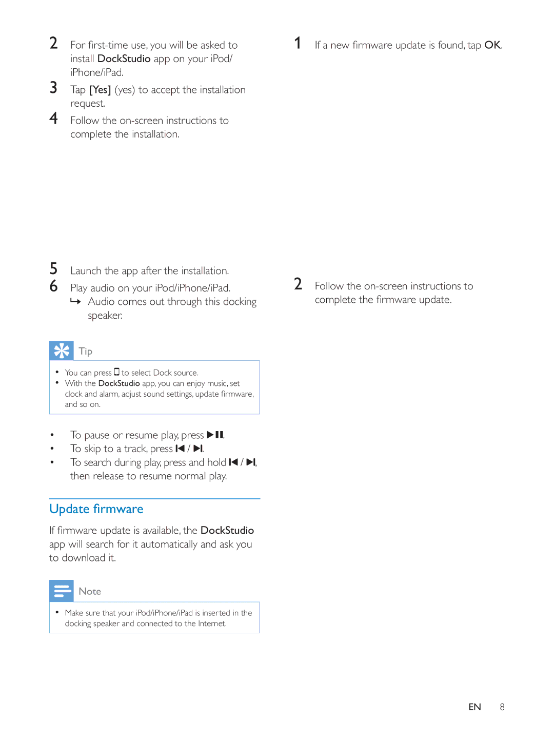 Philips DS3600 user manual Install DockStudio app on your iPod/ iPhone/iPad, Then release to resume normal play 