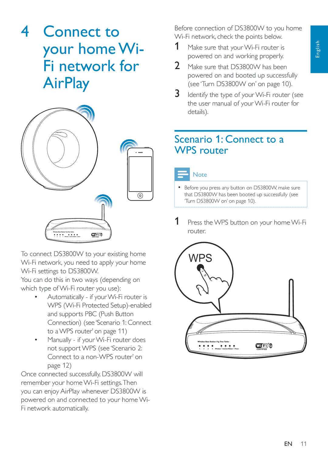 Philips DS3800W/10 user manual Connect to your home Wi- Fi network for AirPlay, Scenario 1 Connect to a WPS router 