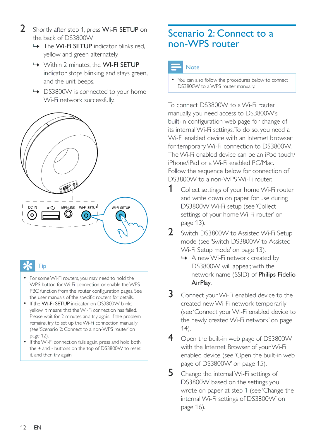 Philips DS3800W/10 user manual Scenario 2 Connect to a non-WPS router, 12 EN 