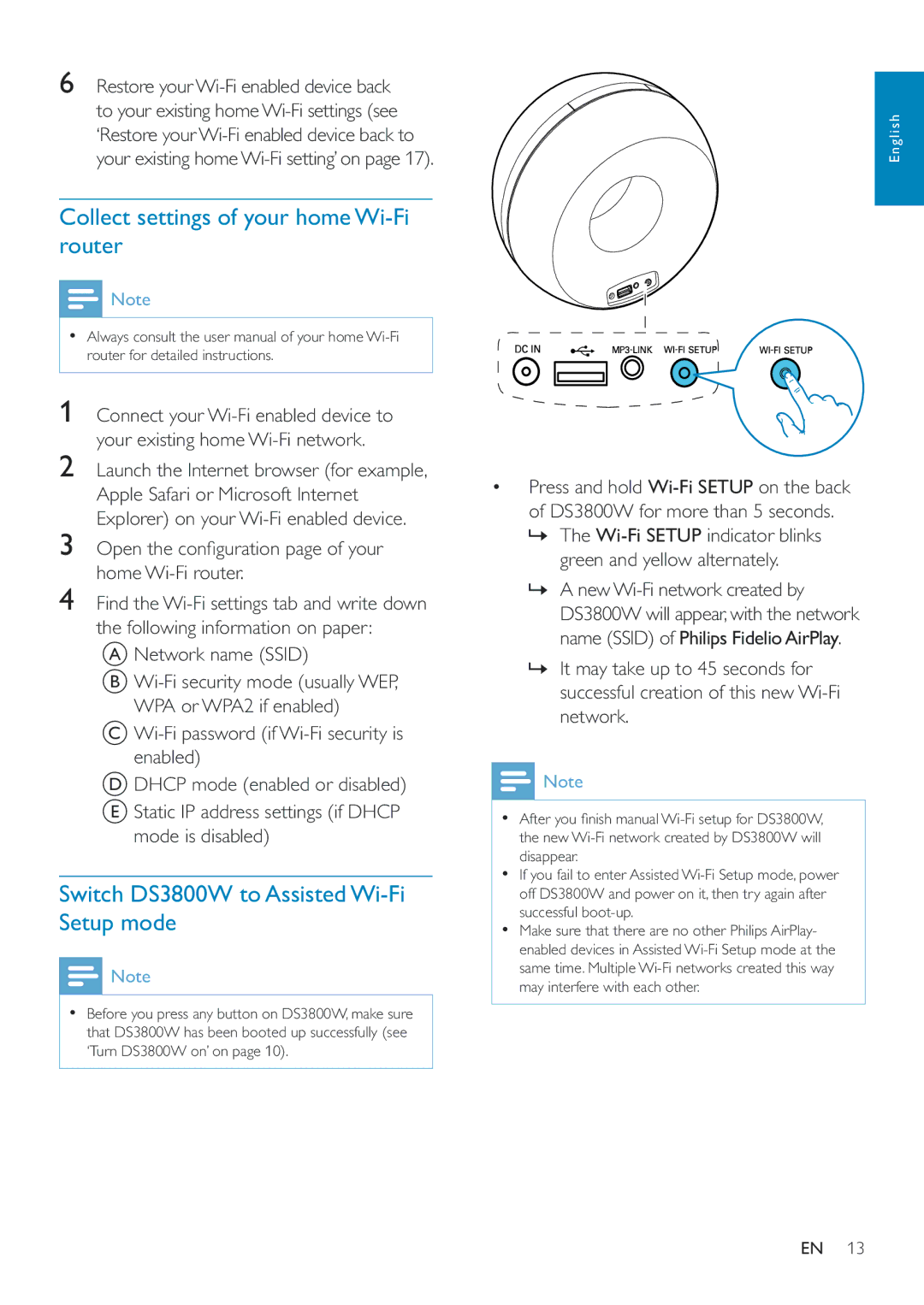 Philips DS3800W/10 user manual Collect settings of your home Wi-Fi router, Switch DS3800W to Assisted Wi-Fi Setup mode 