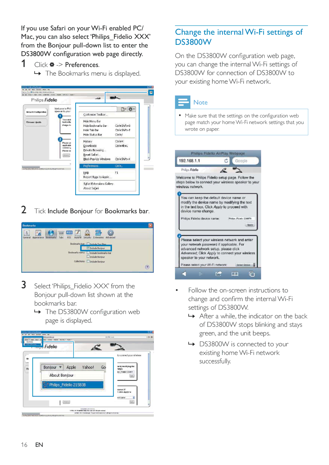 Philips DS3800W/10 Change the internal Wi-Fi settings of DS3800W, Click Preferences » The Bookmarks menu is displayed 