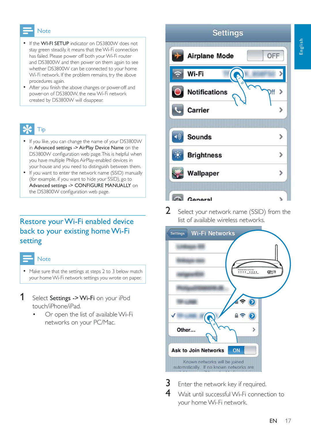 Philips DS3800W/10 user manual Select Settings Wi-Fi on your iPod touch/iPhone/iPad, Enter the network key if required 