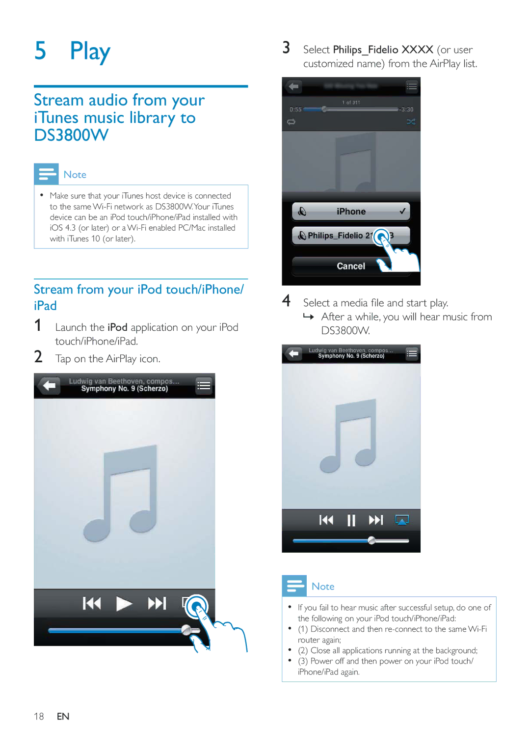 Philips DS3800W/10 Play, Stream audio from your iTunes music library to DS3800W, Stream from your iPod touch/iPhone/ iPad 