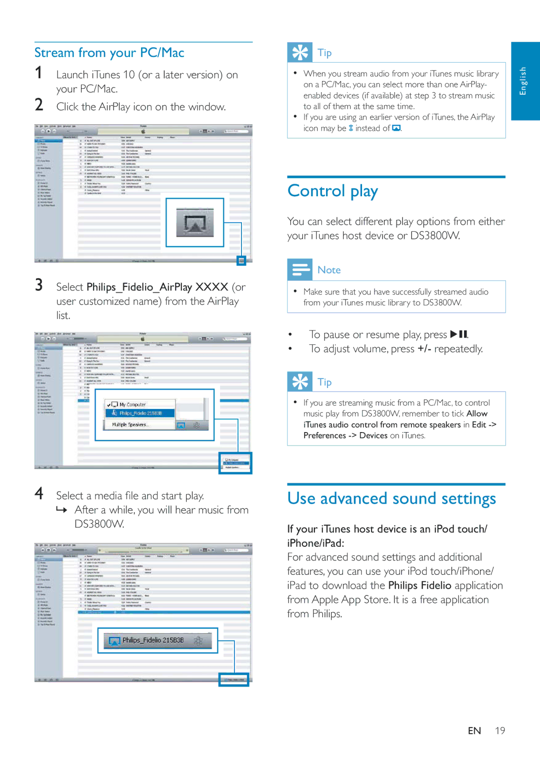 Philips DS3800W/10 user manual Control play, Use advanced sound settings, Stream from your PC/Mac 