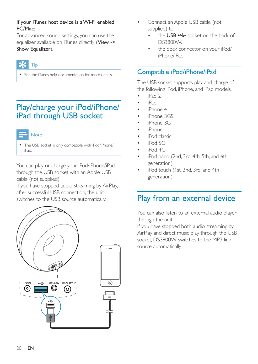 Philips DS3800W/10 user manual Play from an external device, Compatible iPod/iPhone/iPad, Show Equalizer 