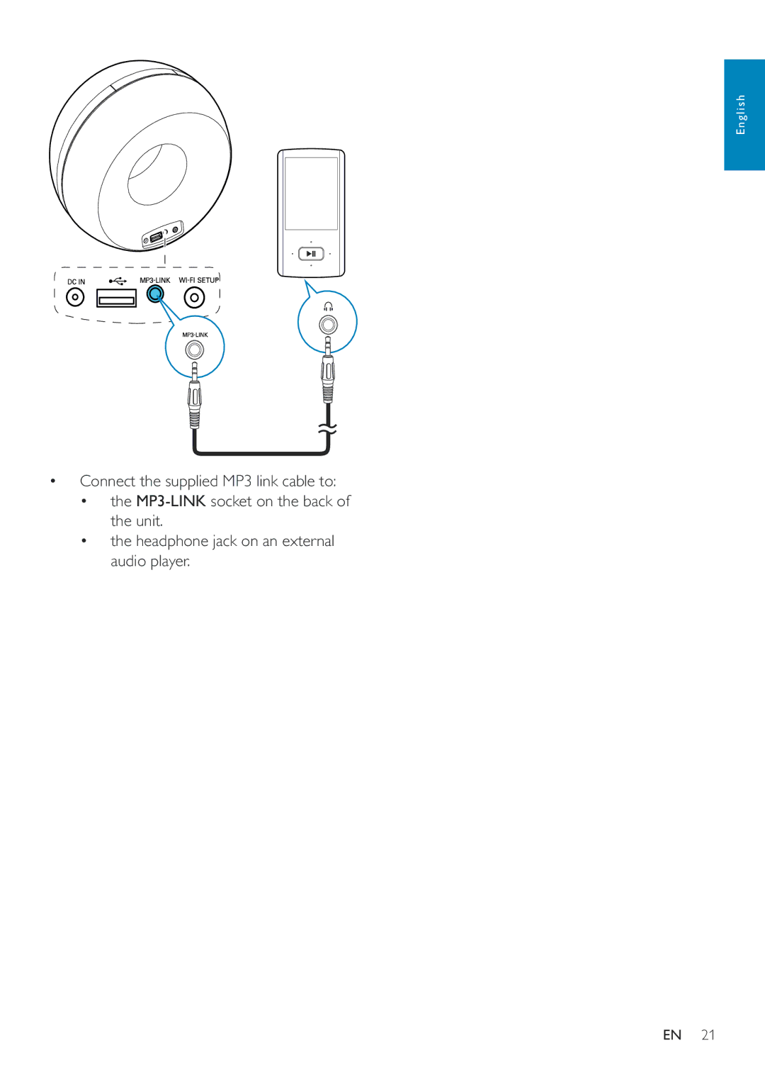 Philips DS3800W/10 user manual Unit Headphone jack on an external audio player 