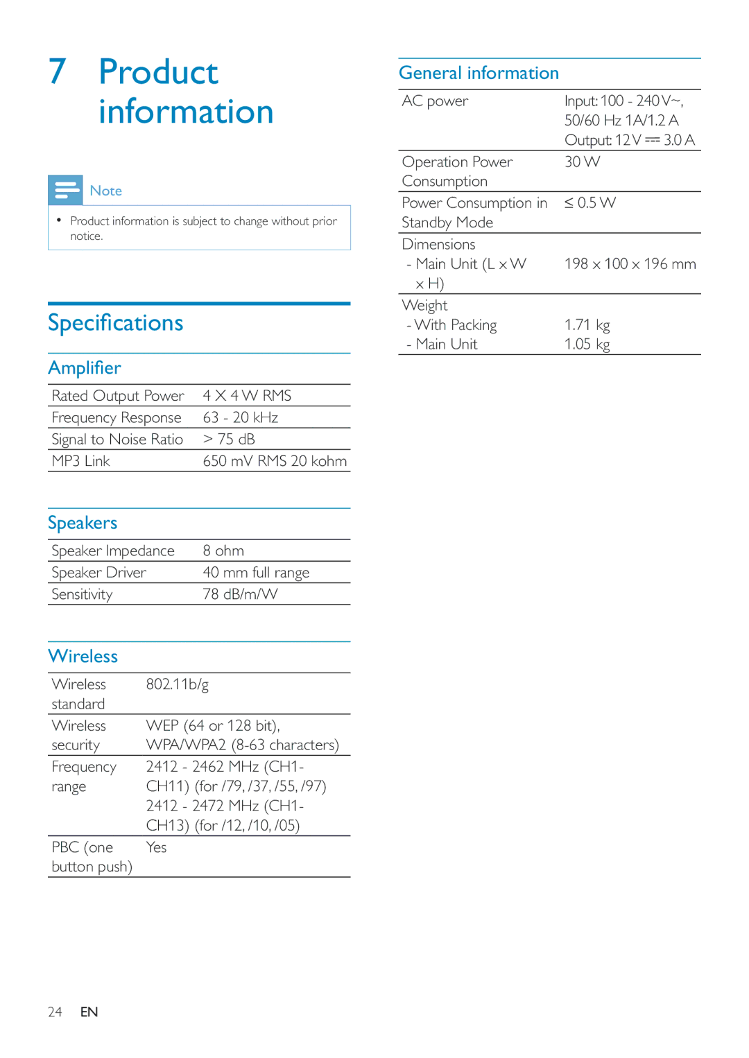 Philips DS3800W/10 user manual Product information, Speakers, Wireless, General information 