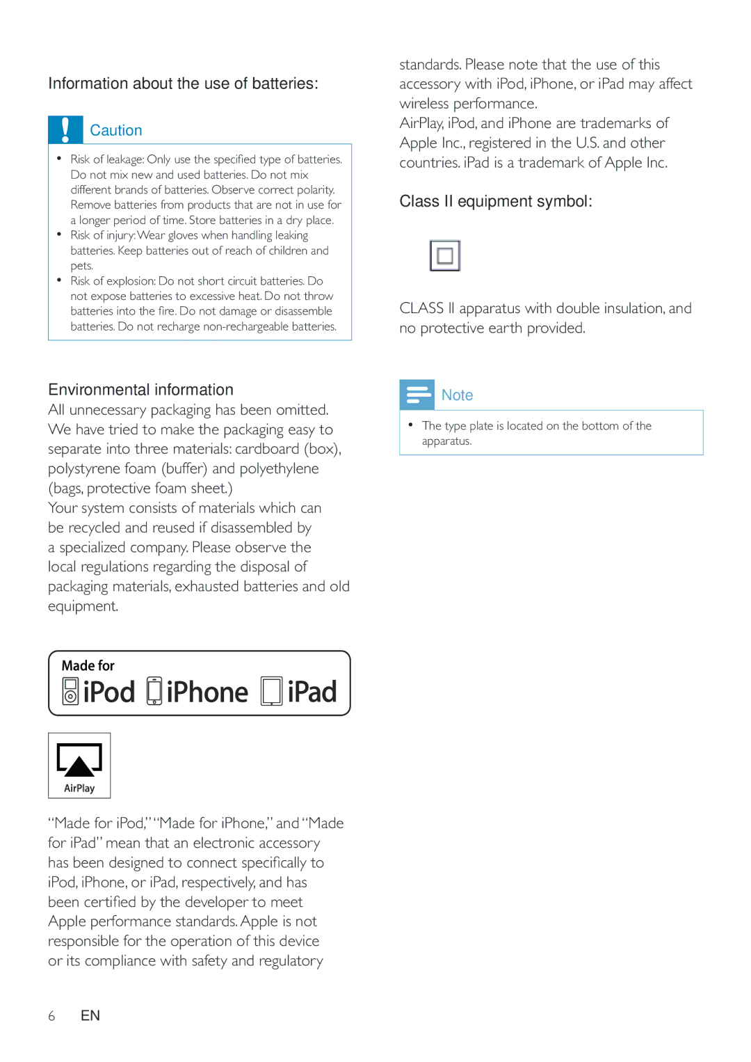 Philips DS3800W/10 user manual Information about the use of batteries, Environmental information, Class II equipment symbol 