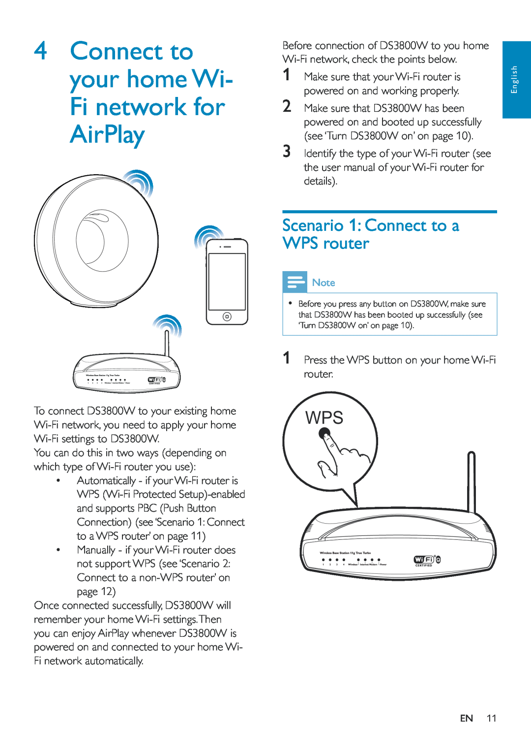 Philips DS3800W/10 user manual 4Connect to your home Wi- Fi network for AirPlay, Scenario 1 Connect to a WPS router 