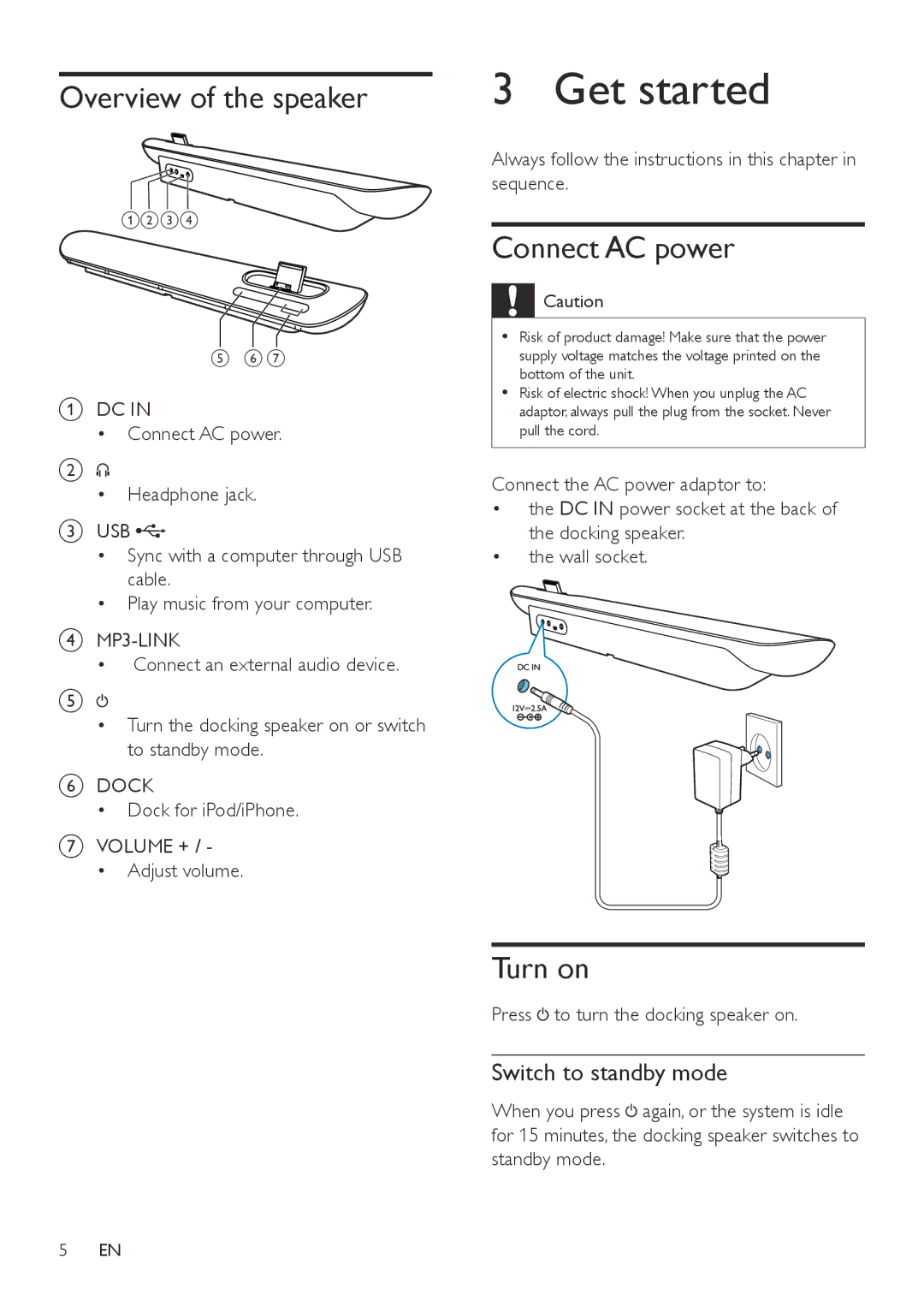 Philips DS6100 user manual Get started, Overview of the speaker, Connect AC power, Turn on, Switch to standby mode 