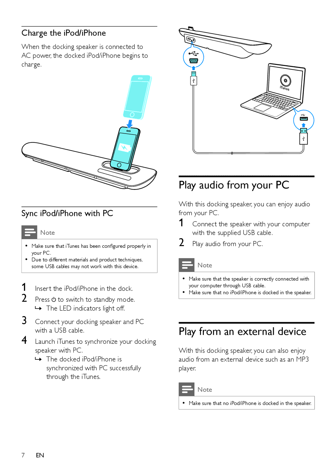 Philips DS6100 Play audio from your PC, Play from an external device, Charge the iPod/iPhone, Sync iPod/iPhone with PC 